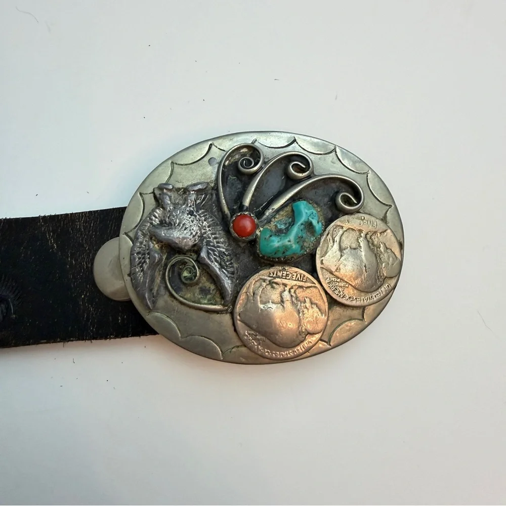Vintage TBIRD Thunderbird Southwestern Style Buffalo Nickel Concho Leather Belt